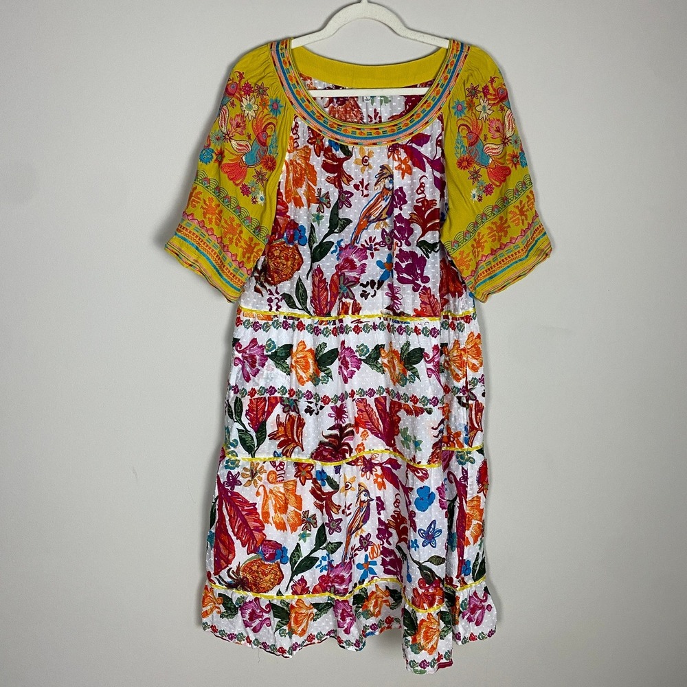 John Mark Floral Midi Dress Large Swiss Dots Embroidered Boho Resort Bird Print